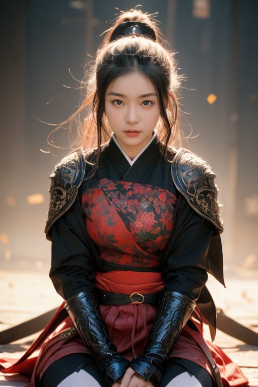 physically-based rendering, portrait, ultra-fine painting, extreme detail description, Akira Kurosawa's movie-style poster features a full-body shot of a super cute 18-year-old European-Japanese girl, embodying the Shinobi of Japan's Warring States Period, An enigmatic female kunoichi, clad in ninja armor , This striking depiction, seemingly bursting with unspoken power, illustrates a fierce and formidable female warrior in the midst of battle. The image, likely a detailed painting, showcases the intensity of the female ninja's gaze and the intricate craftsmanship of his armor. Each intricately depicted detail mesmerizes the viewer, immersing them in the extraordinary skill and artistry captured in this remarkable 