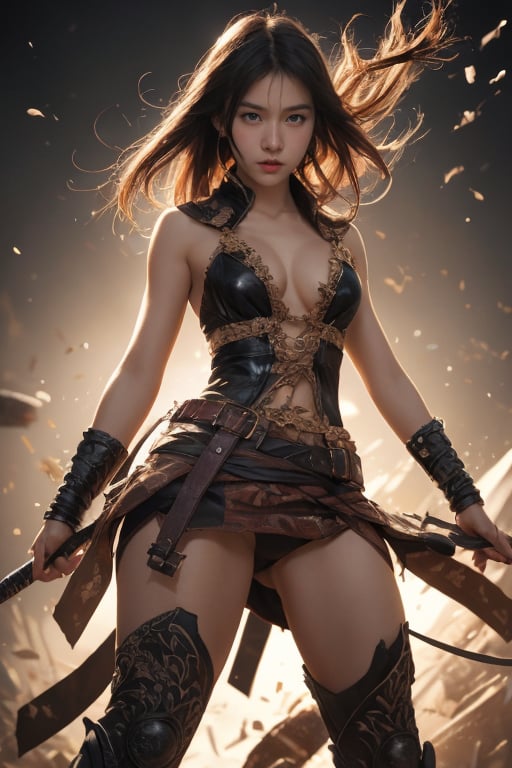 physically-based rendering, portrait, ultra-fine painting, extreme detail description, Akira Kurosawa's movie-style poster features a full-body shot of a super cute 18-year-old European-Japanese girl, embodying the Shinobi of Japan's Warring States Period, An enigmatic female kunoichi, clad in ninja armor , This striking depiction, seemingly bursting with unspoken power, illustrates a fierce and formidable female warrior in the midst of battle. The image, likely a detailed painting, showcases the intensity of the female ninja's gaze and the intricate craftsmanship of his armor. Each intricately depicted detail mesmerizes the viewer, immersing them in the extraordinary skill and artistry captured in this remarkable 