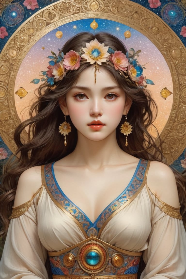 (1girl), (masterpiece, top quality, best quality, official art, beautiful and aesthetic:1.2), extreme detailed,colorful,highest detailed, official art, unity 8k wallpaper, ultra detailed, beautiful and aesthetic, beautiful, masterpiece, best quality, (zentangle, mandala, tangle, entangle) ,holy light,gold foil,gold leaf art,glitter drawing, PerfectNwsjMajicPerfectNwsjMajmagic, psychedelia art, flower, mandala, psychedelic, tapestries, ethereal
Negative Prompt ~ Carl Larsson ~ Titian ~ Raphael ~ Michael Angelo ~ Jean Auguste Dominique Ingres ~ Tony Taka ~ Frederic Leighton ~ Károly Lotz ~ Edward Poynter ~ Pierre-Auguste Renoir ~ Paul Peel ~ John Singer Sargent ~ Alexandre-Jacques Chantron ~ John William Godward ~ John William Waterhouse ~ Han-Wu Shen ~ Ishitaka Amano ~ Chakrapan Posayakrit ~ Kim Jung Gi ~ Kei Mieno ~ Ikushima Hiroshi ~  WLOP ~ William-Adolphe Bouguereau ~ Alphonse Mucha ~Luis Royo ~ David Hamilton photography ~ Range Murata ,on parchment,Expressiveh