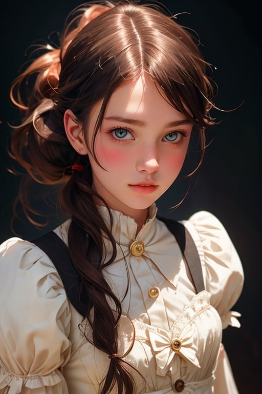 super detailed, Blunt bangs, pony tail, Raw photo, Insanely detailed and intricately realistic, Cinematic lighting, depth of fields,Realistic face,Visible skin pores,with an intricate,originality,imagination,stylish portrait photography art,cute victorian lolita fashion,skinny,beautiful girl,looking to viewer,from above the head,