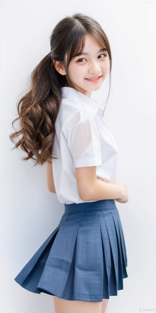 1girl, half body portrait, (age 13-16:1.4), gorgeous, (dynamic pose:0.8),studio lighting, white background, finnish-japanese  teen top model, bang, curly long hair, buns, heterochromia, white shirt, ((blue pleated  skirt)), Thai student uniform