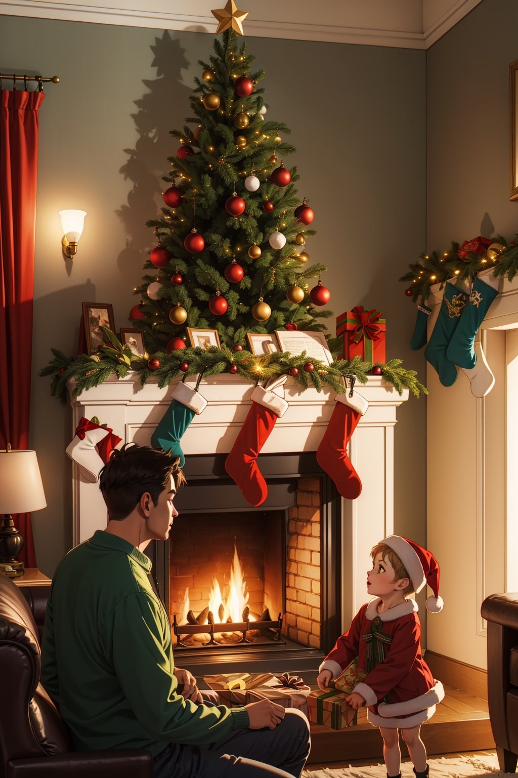 A professional image or spy family christmas, yor forger, anya forger, lloyd forger, cozy livingroom, christmas tree, fireplace, christmas lights, shadow play, higly detailed, by Norman Rockwell, Anya Forger, twilight (spy x family)