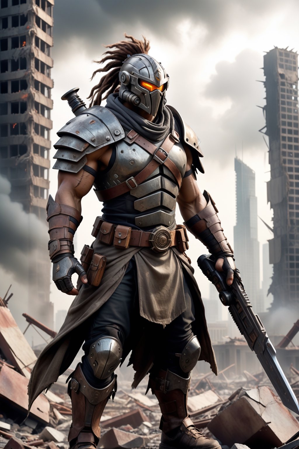 Visualize a post-apocalyptic warrior-scavenger navigating a desolate cityscape ravaged by destruction. Clad in rugged, makeshift armor crafted from salvaged materials, the warrior exudes resilience and determination. Their protective gear includes a combination of high-tech gadgets and worn-out leather pieces, reflecting a blend of fantasy and sci-fi elements.
The warrior carries an assortment of weapons that seamlessly merge fantasy and sci-fi aesthetics - envision a plasma sword shimmering with energy, a steampunk-inspired rifle emitting faint wisps of steam, and a cybernetic arm equipped with retractable blades. These weapons symbolize the fusion of ancient craftsmanship with advanced technology in a world on the brink of collapse.
Capture the essence of survival amidst chaos as the warrior stands amidst the ruins, scanning the horizon with steely resolve. The backdrop features crumbling skyscrapers, twisted metal structures, and ominous storm clouds gathering overhead, hinting at further challenges ahead.
Emphasize the contrast between the warrior's rugged appearance and the futuristic weaponry they wield, highlighting the juxtaposition of past and future in this post-apocalyptic setting. Infuse the scene with a sense of tension and mystery, inviting viewers to ponder the warrior's story in this harsh and unforgiving world.