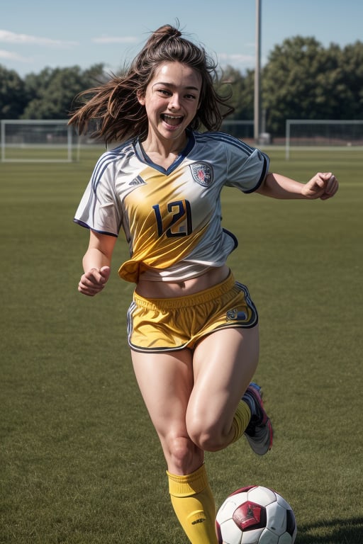 A sporty girl with short brown hair and brown eyes is playing soccer in a field. She is wearing a yellow jersey and no shorts or panties. She has a soccer ball and a pair of cleats in her hands, and she is running with speed and agility. She loves soccer and sports, and she is always energetic and competitive. She has a confident personality and a friendly laugh. She is cute and cool, and everyone likes her. Pubic hair is clearly visible