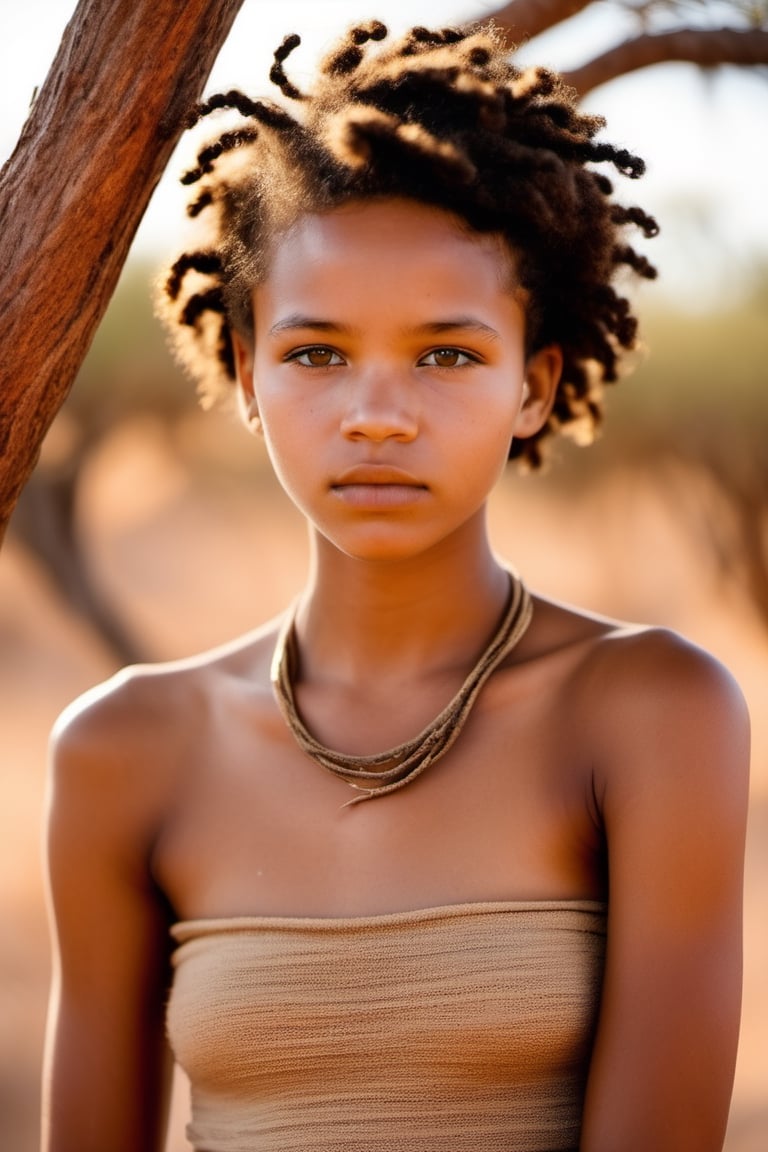 An 18 year old Khoisan girl with the Kalahari Desert as background. She has short curly African braided hair. On acacia tree. She only wears a very thin loin cloth. No underwear. She has small breasts. NSFW. 