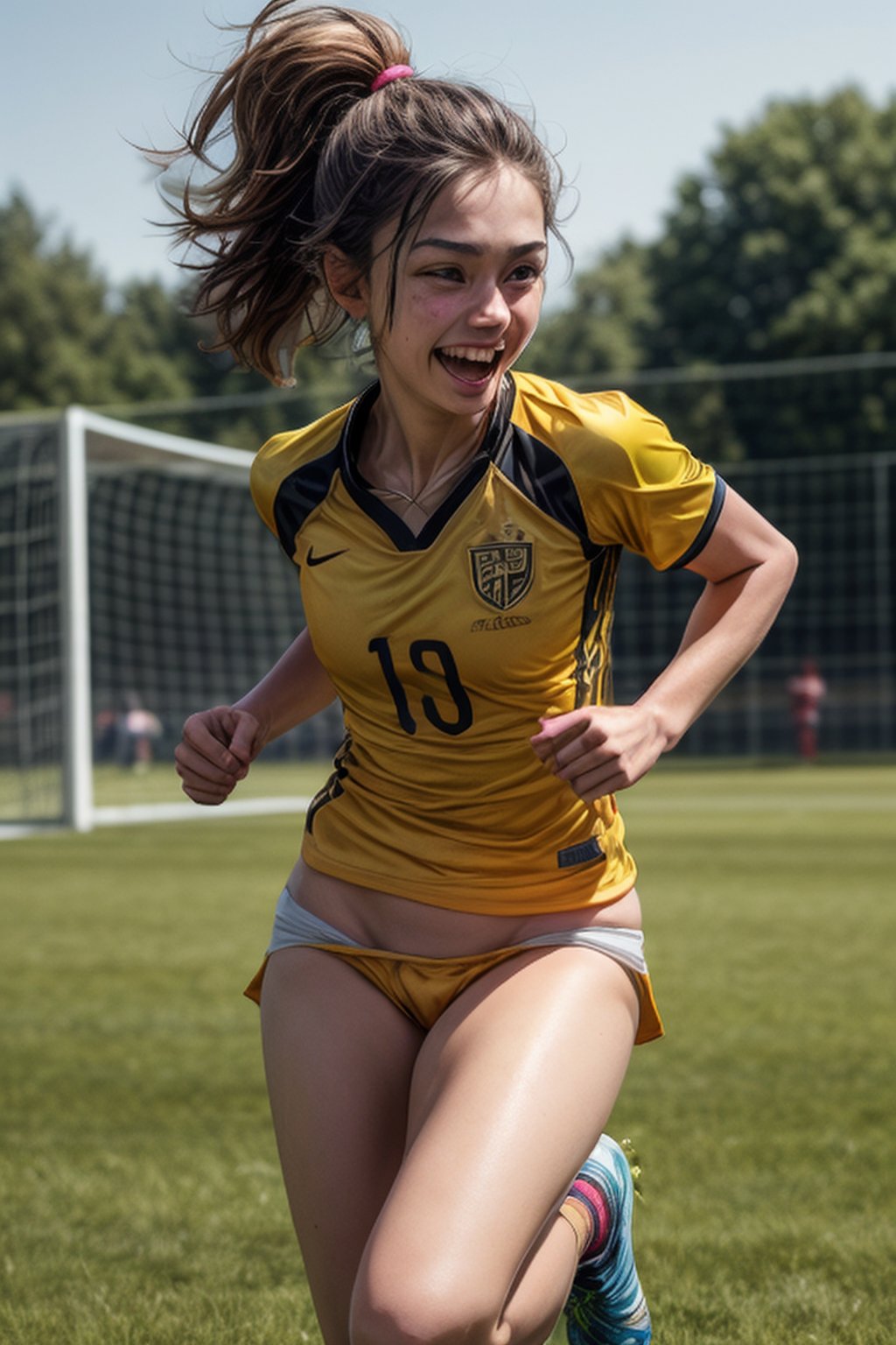 A sporty girl with short brown hair and brown eyes is playing soccer in a field. She is wearing a yellow jersey with no shorts or panties. She has a soccer ball and a pair of cleats in her hands, and she is running with speed and agility. She loves soccer and sports, and she is always energetic and competitive. She has a confident personality and a friendly laugh. She is cute and cool, and everyone likes her. no panty, Pubic hair is clearly visible, nude bottom