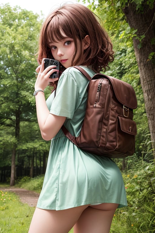 A curious girl with curly red hair and blue eyes is exploring a forest. She is wearing a very short revealing green dress and a brown backpack. She has a camera and a map in her hands, and she is looking around with wonder. She has no pants or skirt and shows some pubic hair or butt cheeks, She has a creative mind and a playful spirit. She is friendly and kind, and she respects all living creatures. She likes to take pictures of the beautiful scenery and the animals she encounters. She has a passion for discovery and a sense of humor. She is cute and fun, and everyone admires her. She hopes that one day, she will be able to travel the world and see all the wonders it has to offer.