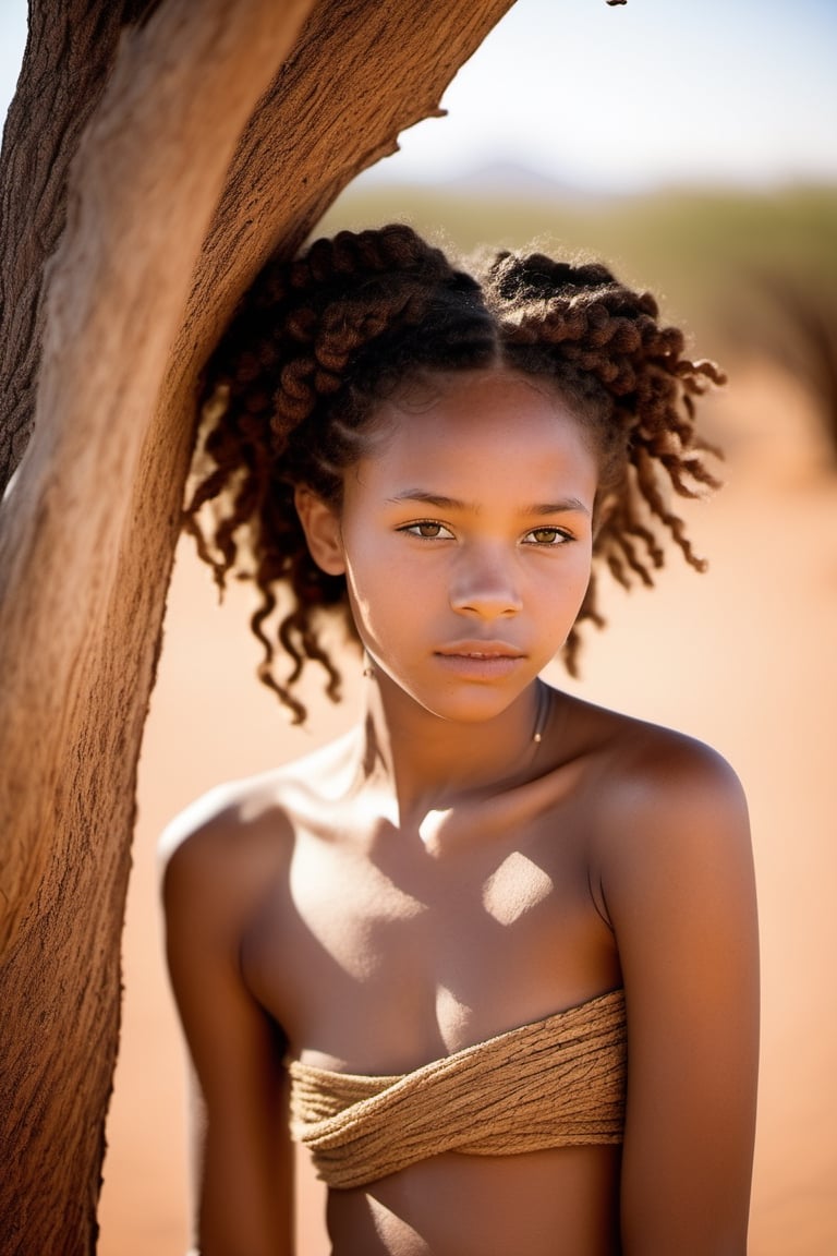 An 18 year old Khoisan girl with the Kalahari Desert as background. She has curly African braided hair. On acacia tree. She only wears a very thin loin cloth. No underwear. She has small breasts. NSFW. ,photo r3al