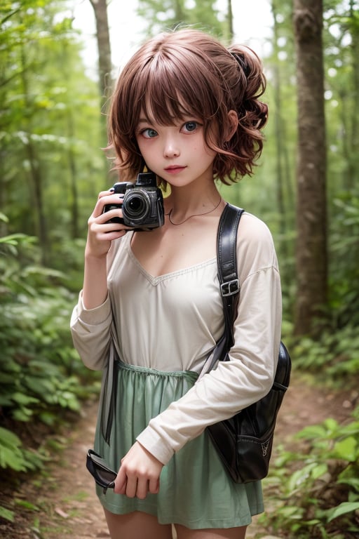 A curious girl with curly red hair and blue eyes is exploring a forest. She is wearing a very short revealing green dress and a brown backpack. She has a camera and a map in her hands, and she is looking around with wonder. She has no pants or skirt and shows some pubic hair, She has a creative mind and a playful spirit. She is friendly and kind, and she respects all living creatures. She likes to take pictures of the beautiful scenery and the animals she encounters. She has a passion for discovery and a sense of humor. She is cute and fun, and everyone admires her. She hopes that one day, she will be able to travel the world and see all the wonders it has to offer.