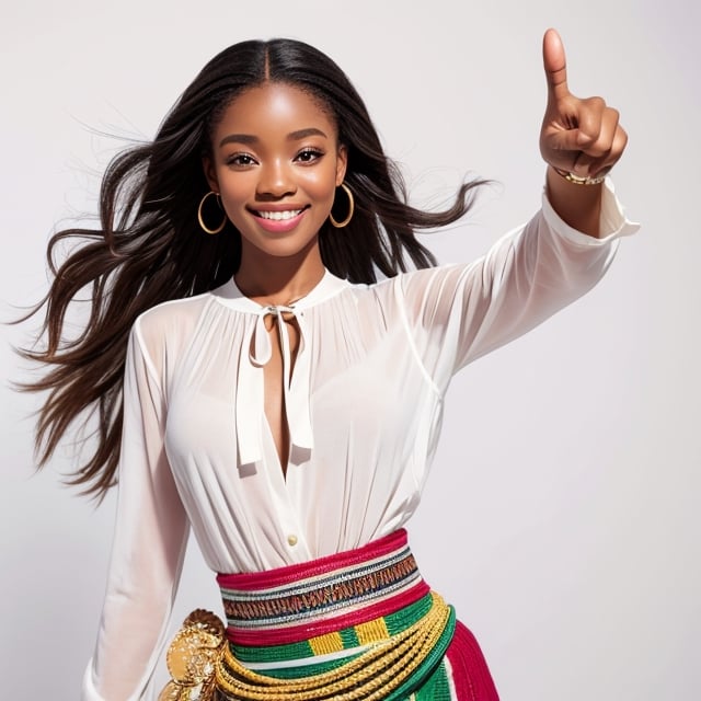 masterpiece, best quality, photorealistic, raw photo, African mix race girl, long hair, blouse, light smile, detailed skin, advertising pose, pointing to object next to her, white_background