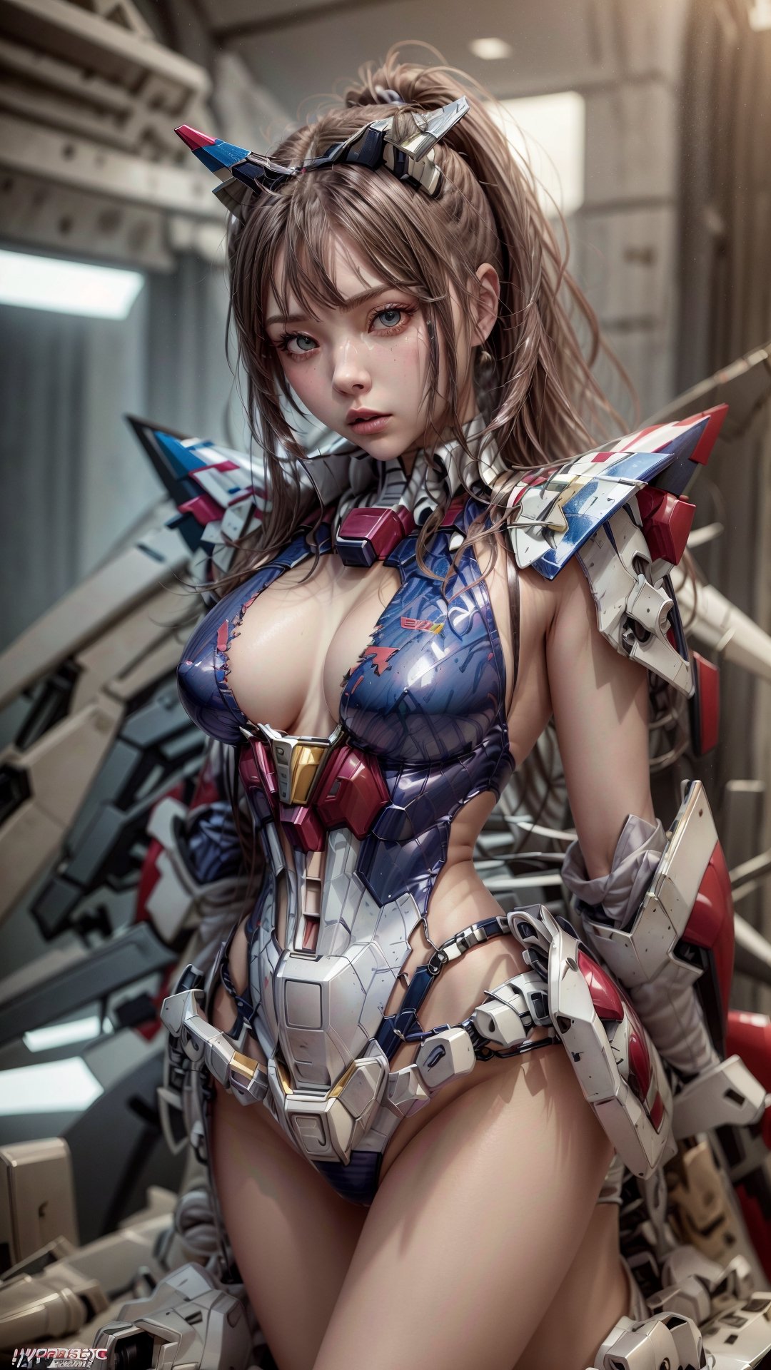 Super Sexy Superheroines, ultra-detailed, 
((High resolution)),((high detailed)), cowboy shot, photo realistic, masterpiece, official art, cyberspace background,in a battlefield,fighting in a ferocious battlefield,
photo, best quality, 8k resolution, 
sole_female, character focus, 21 years old, gray hair, ponytail hair, two buns,Chloë Grace Moretz face, gundam girl, multi-color white red blue gundam armor suit, beautiful eyes, (delicate face), perfect detail, perfect feet, sexy legs, open legs, medium breast, nice boobs, lots of exposed skin, full body, prepare to fight, cyborg head gear, cleavage cutout, torn clothing, torn armor, ripped armor, damaged armor, dirty armor, wounded face, dirty face,
cinematic lighting, dark studio, ((hyper detailed face)),((hyper detailed eyes)),(((exposed thighs))),gundam musume,