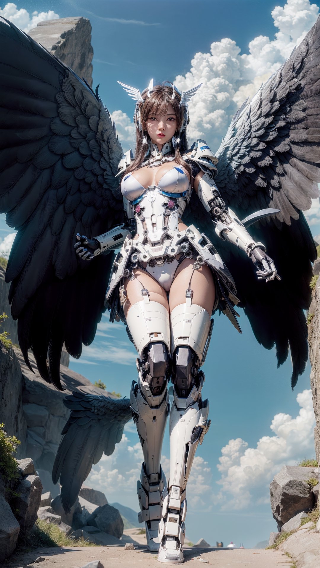 mecha,1girl,Detailed mechanical body, mecha angel wings,full body,mechanical_wings,thrusters,sky,cloudy sky,(masterpiece, incredibly absurdres, highres, best quality, official art, beautiful and aesthetic:1.2), (shiny skin, shiny face),