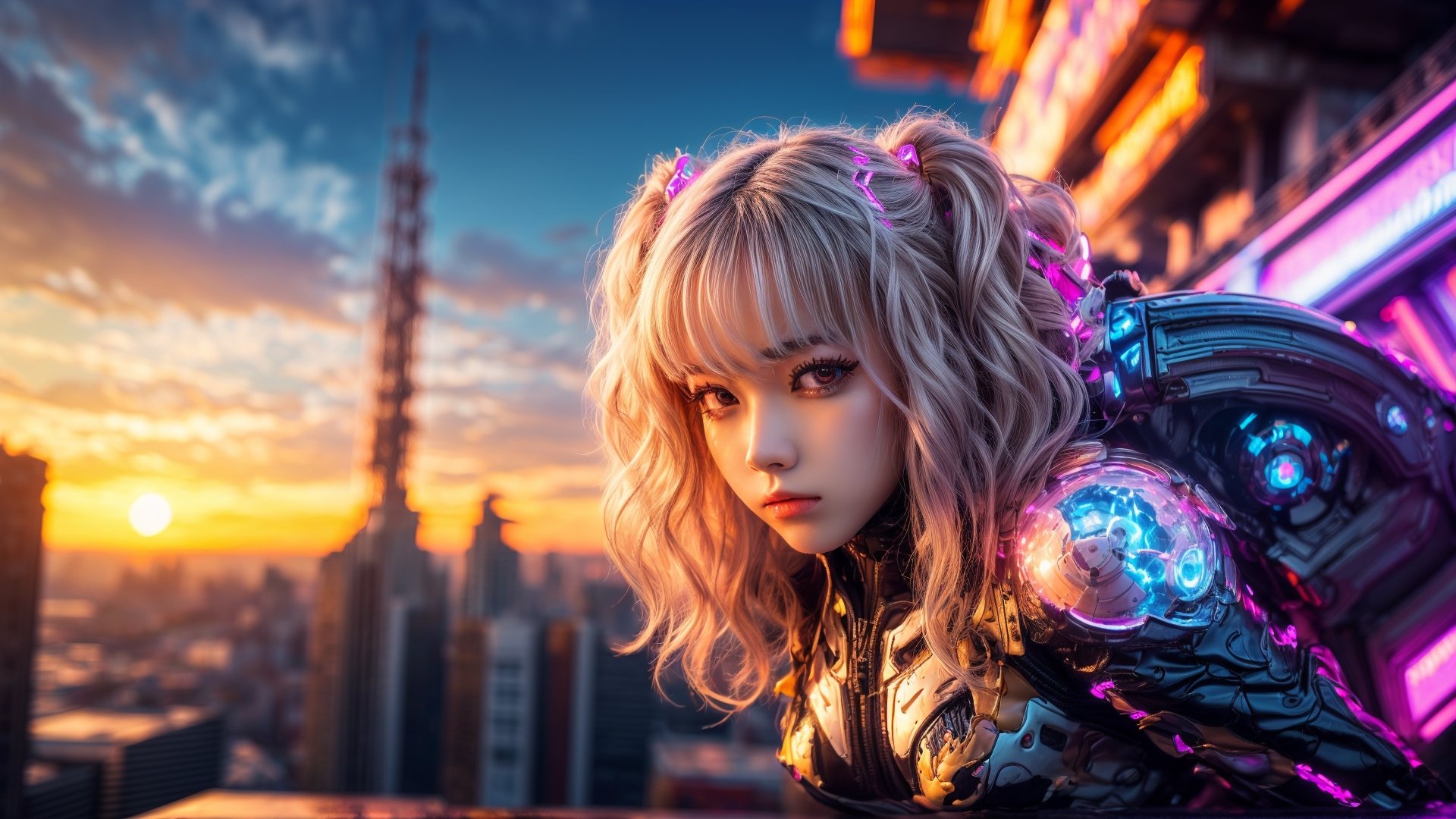 (masterpiece, top quality, best quality, official art, beautiful and aesthetic:1.2), (1girl), extreme detailed,(fractal art:1.3), colorful, highest detailed, r1ge, A photo of a sexy 16-year-old girl floating around in an erotic futuristic mechanical suit, ((neon)), full body, fortn view, look at view, nude, short hair, pink hair, ((wavy hair)), hair ornament, futuristic ruined city in the background, sunset light in the distance, The general atmosphere is mildly sad but peaceful, transparent bodystocking, mecha, zoom out, high angle view,Arial view,transparent bodystocking
,mecha