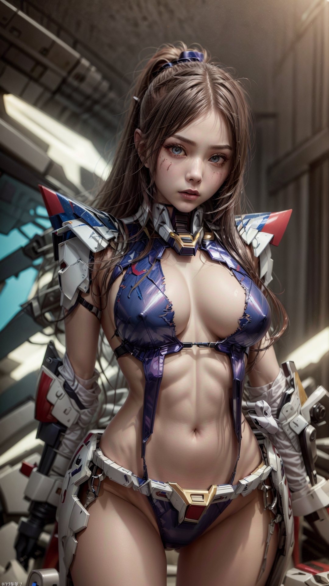 Super Sexy Superheroines, ultra-detailed, 
((High resolution)),((high detailed)), cowboy shot, photo realistic, masterpiece, official art, cyberspace background,in a battlefield,fighting in a ferocious battlefield,
photo, best quality, 8k resolution, 
sole_female, character focus, 21 years old, gray hair, ponytail hair, two buns,Chloë Grace Moretz face, gundam girl, multi-color white red blue gundam armor suit, beautiful eyes, (delicate face), perfect detail, perfect feet, sexy legs, open legs, medium breast, nice boobs, lots of exposed skin, full body, prepare to fight, cyborg head gear, cleavage cutout, torn clothing, torn armor, ripped armor, damaged armor, dirty armor, wounded face, dirty face,
cinematic lighting, dark studio, ((hyper detailed face)),((hyper detailed eyes)),(((exposed thighs))),gundam musume,