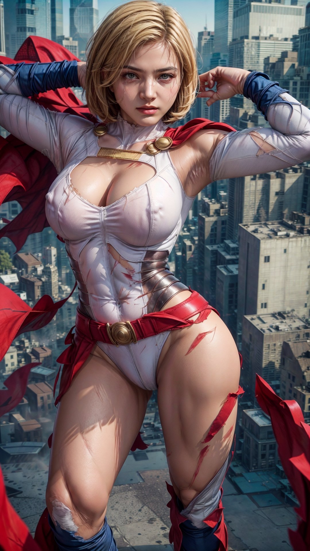 Realistic, (masterpiece 1.4), (Ultra HD quality), (8k HDR quality), 1girl, solo, hitech armor, Hi-Tech web shooter, torn armor, dirty armor, ripped armor, wounded face, nipple erect, looking at viewer, sagging breasts, sharp eyes, deadly look, ,powergirl, boob window, white leotard, blonde hair , bob haircut, red belt , red cape,