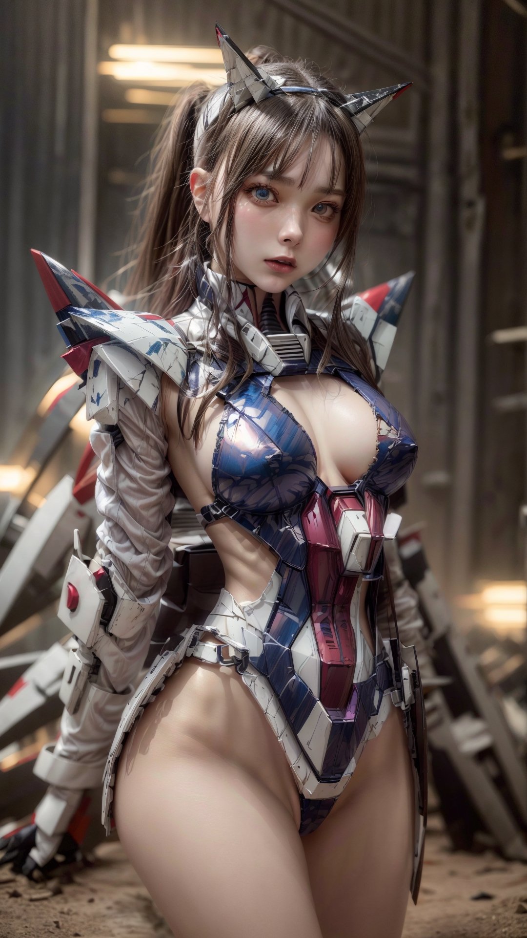 Super Sexy Superheroines, ultra-detailed, 
((High resolution)),((high detailed)), cowboy shot, photo realistic, masterpiece, official art, cyberspace background,in a battlefield,fighting in a ferocious battlefield,
photo, best quality, 8k resolution, 
sole_female, character focus, 21 years old, gray hair, ponytail hair, two buns,Chloë Grace Moretz face, gundam girl, multi-color white red blue gundam armor suit, beautiful eyes, (delicate face), perfect detail, perfect feet, sexy legs, open legs, medium breast, nice boobs, lots of exposed skin, full body, prepare to fight, cyborg head gear, cleavage cutout, torn clothing, torn armor, ripped armor, damaged armor, dirty armor, wounded face, dirty face,
cinematic lighting, dark studio, ((hyper detailed face)),((hyper detailed eyes)),(((exposed thighs))),gundam musume,