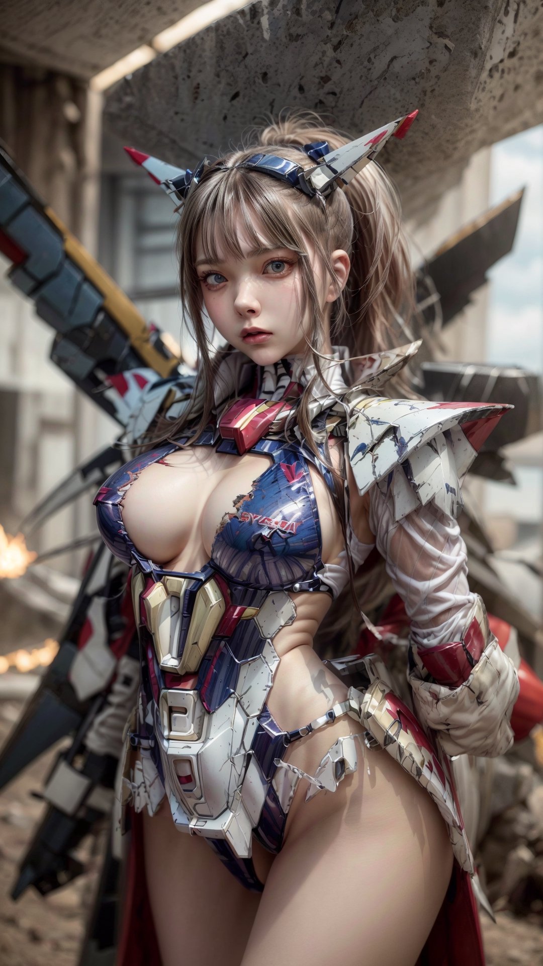 Super Sexy Superheroines, ultra-detailed, 
((High resolution)),((high detailed)), cowboy shot, photo realistic, masterpiece, official art, cyberspace background,in a battlefield,fighting in a ferocious battlefield,
photo, best quality, 8k resolution, 
sole_female, character focus, 21 years old, gray hair, ponytail hair, two buns,Chloë Grace Moretz face, gundam girl, multi-color white red blue gundam armor suit, beautiful eyes, (delicate face), perfect detail, perfect feet, sexy legs, open legs, medium breast, nice boobs, lots of exposed skin, full body, prepare to fight, cyborg head gear, cleavage cutout, torn clothing, torn armor, ripped armor, damaged armor, dirty armor, wounded face, dirty face,
cinematic lighting, dark studio, ((hyper detailed face)),((hyper detailed eyes)),(((exposed thighs))),gundam musume,