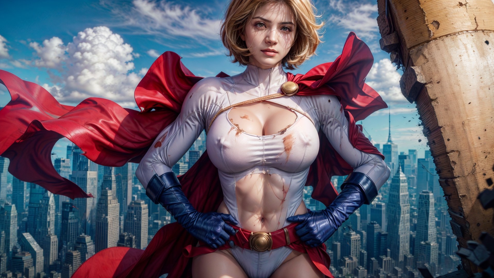 Realistic, (masterpiece 1.4), (Ultra HD quality), (8k HDR quality), 1girl, solo, hitech armor, Hi-Tech web shooter, torn armor, dirty armor, ripped armor, wounded face, nipple erect, looking at viewer, sagging breasts, sharp eyes, deadly look, ,powergirl, boob window, white leotard, blonde hair , bob haircut, red belt , red cape,