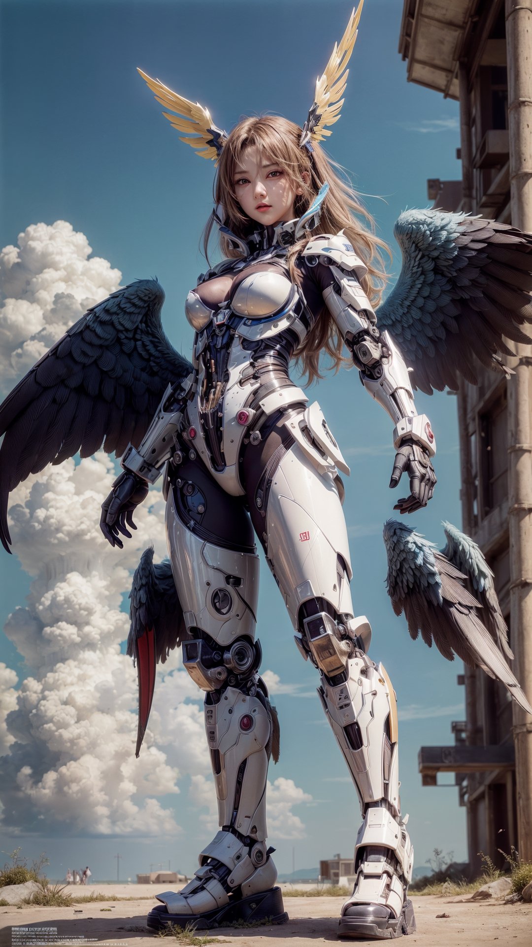 mecha,1girl,Detailed mechanical body, mecha angel wings,full body,mechanical_wings,thrusters,sky,cloudy sky,(masterpiece, incredibly absurdres, highres, best quality, official art, beautiful and aesthetic:1.2), (shiny skin, shiny face),