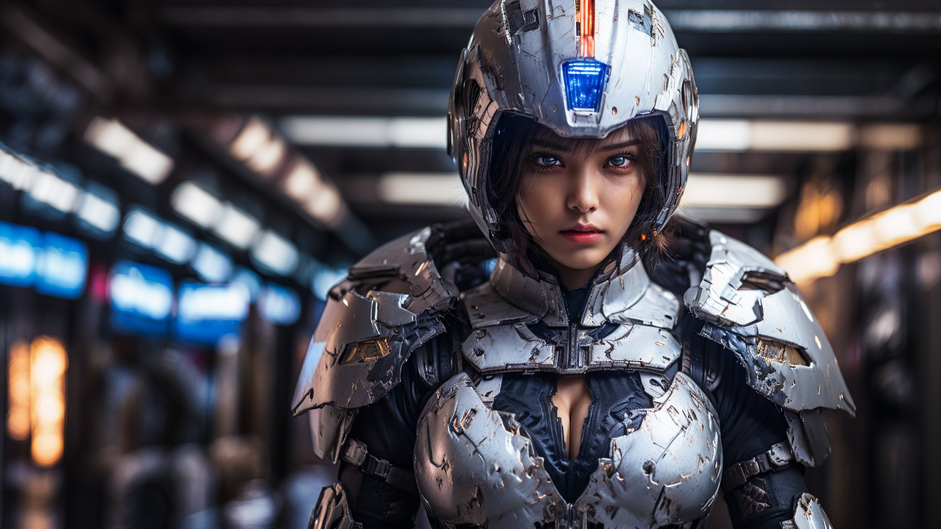 Super Sexy Superheroines, ultra-detailed, 
((High resolution)),((high detailed)), cowboy shot, photorealistic, masterpiece, official art, space battlefield background, blur backgound, raw photo, best quality, 8k resolution, 
sole_female, character focus, 24 years old, black hair, short hair, futuristic military armor, futuristic military armory girl, Sexy futuristic military armor suit, holding futuristic military gun, neon light futuristic military suit, beautiful eyes, (delicate face), perfect detail, perfect feet, sexy legs, medium breast, lots of exposed skin, full body, prepare to combat, ((futuristic full face helmet)), cleavage cutout, torn clothing, torn armor, ripped armor, damaged armor, dirty armor, wounded face, dirty face,
cinematic lighting, dark studio, ((hyper detailed face)),((hyper detailed eyes)),(((exposed thighs))), futuristic military armor, 
,mecha,perfecteyes