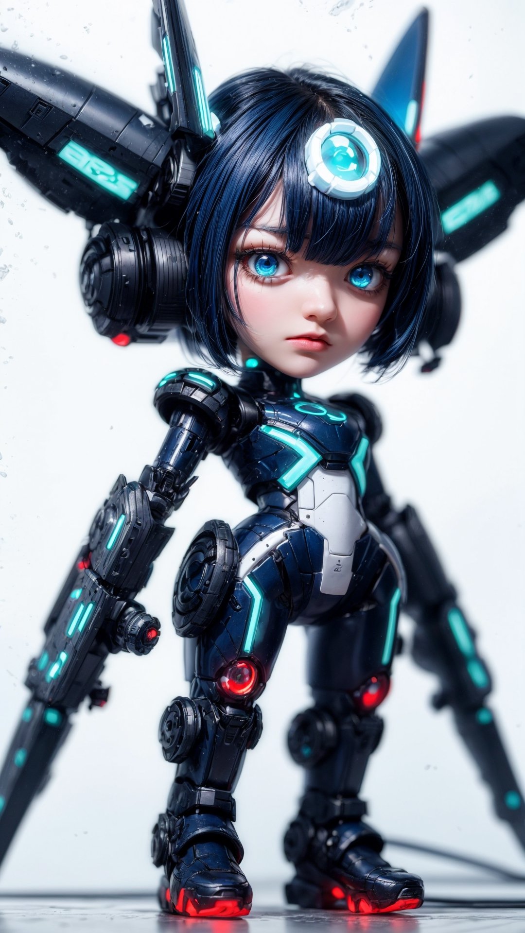 centered, full body, digital art, | dark blue hair, dark blue eyes, female cute robot, chibi, metal, white and blue futuristic armor, neon lights, | (white background:1.2), simple background, | (symetrical),hydrotech,mechanical,ritsu______co