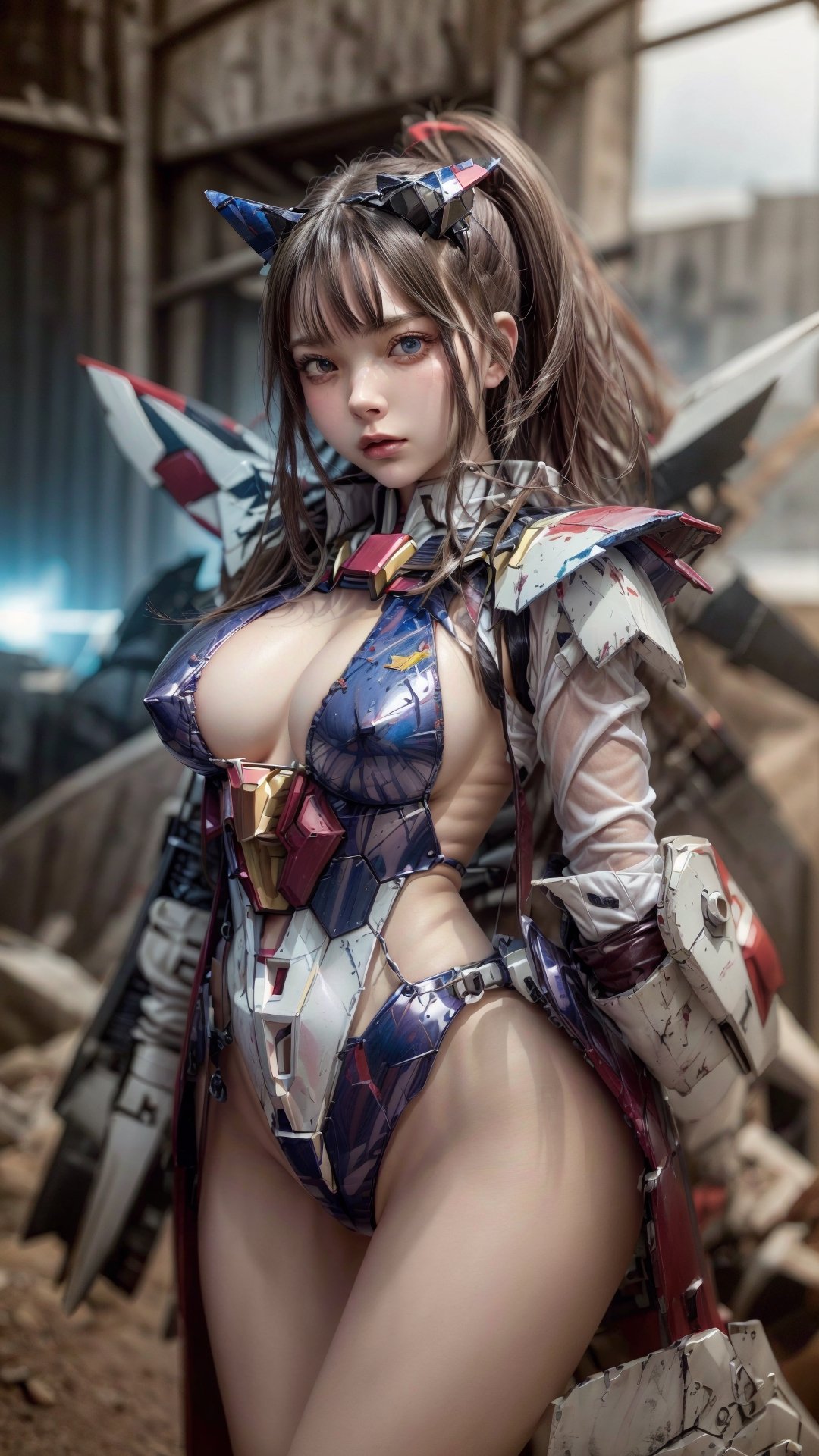 Super Sexy Superheroines, ultra-detailed, 
((High resolution)),((high detailed)), cowboy shot, photo realistic, masterpiece, official art, cyberspace background,in a battlefield,fighting in a ferocious battlefield,
photo, best quality, 8k resolution, 
sole_female, character focus, 21 years old, gray hair, ponytail hair, two buns,Chloë Grace Moretz face, gundam girl, multi-color white red blue gundam armor suit, beautiful eyes, (delicate face), perfect detail, perfect feet, sexy legs, open legs, medium breast, nice boobs, lots of exposed skin, full body, prepare to fight, cyborg head gear, cleavage cutout, torn clothing, torn armor, ripped armor, damaged armor, dirty armor, wounded face, dirty face,
cinematic lighting, dark studio, ((hyper detailed face)),((hyper detailed eyes)),(((exposed thighs))),gundam musume,