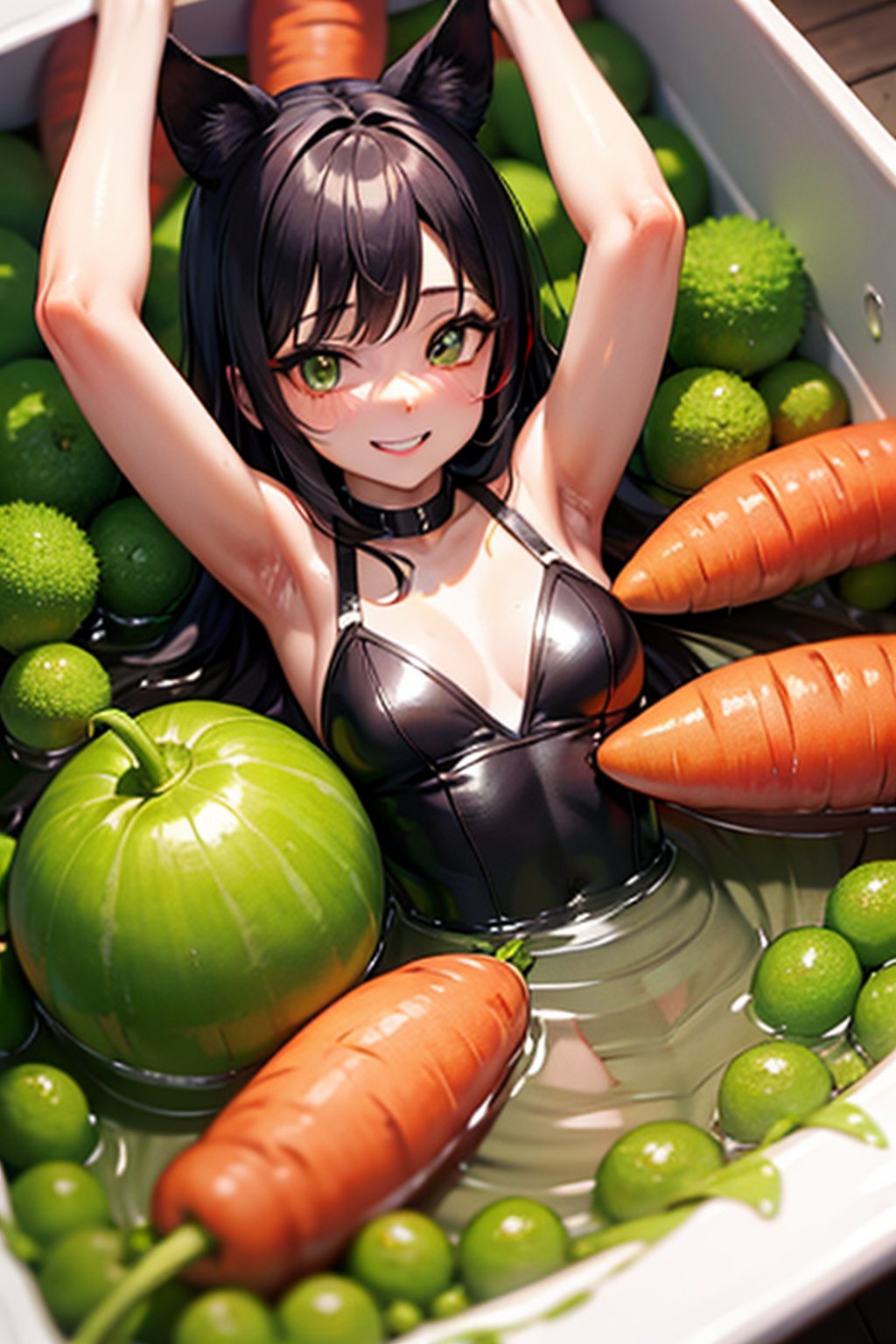 vegetable, competition, Cute, carrot, monster, character, race,vivid colour, Energetic, Sparkling eyes, green color, Cheerful smile,day,inside CREATURE