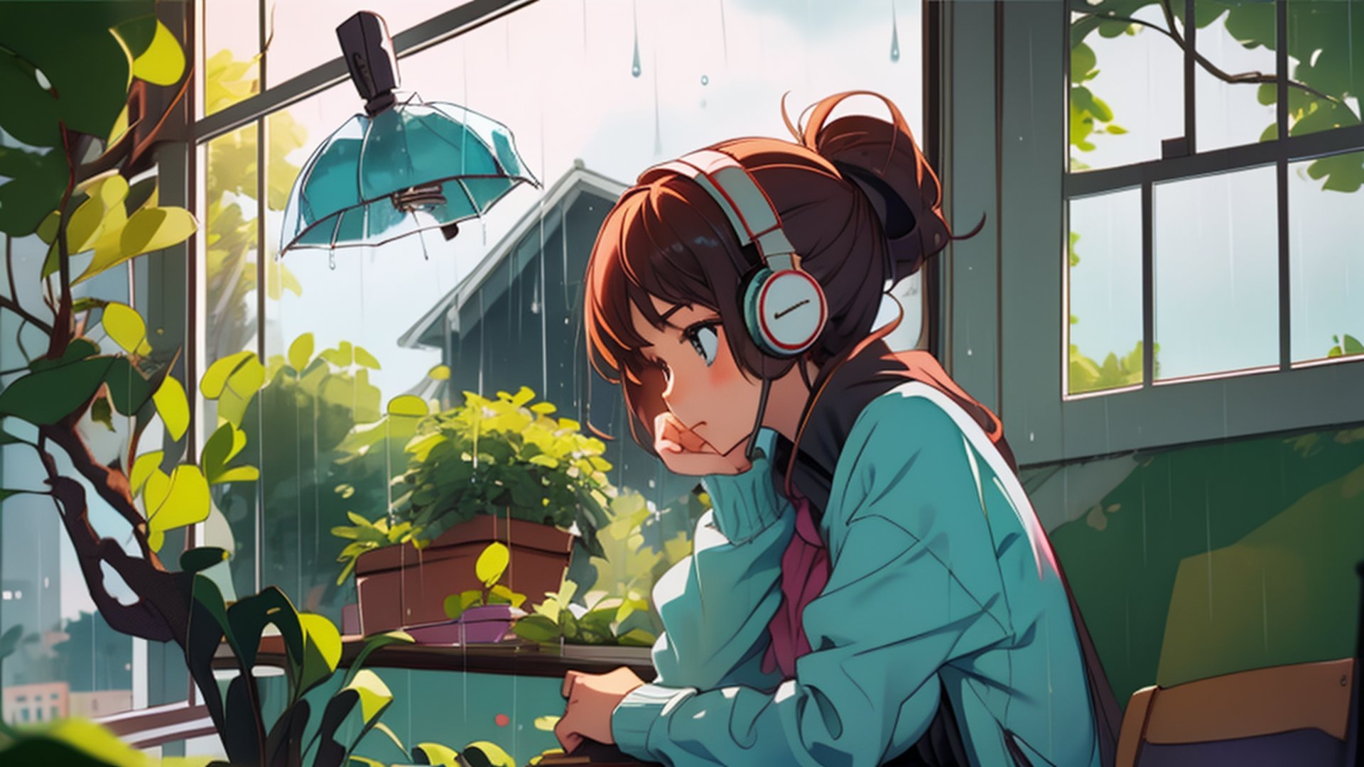 a cute girl, sit with headphone, study room, long hair, sitting, window,rainy season, rain outside window,