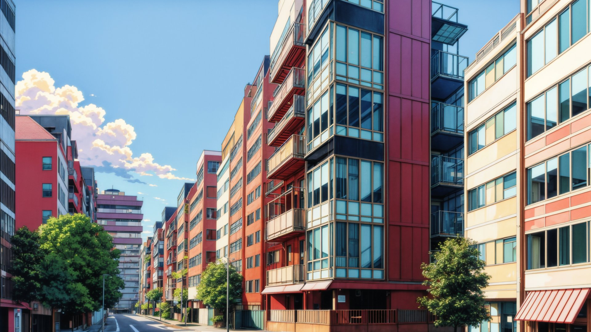 a anime style appartment,oustide, viewer looking at appartment from ground level veiw, 1990s building, with staircase to up, road, trees