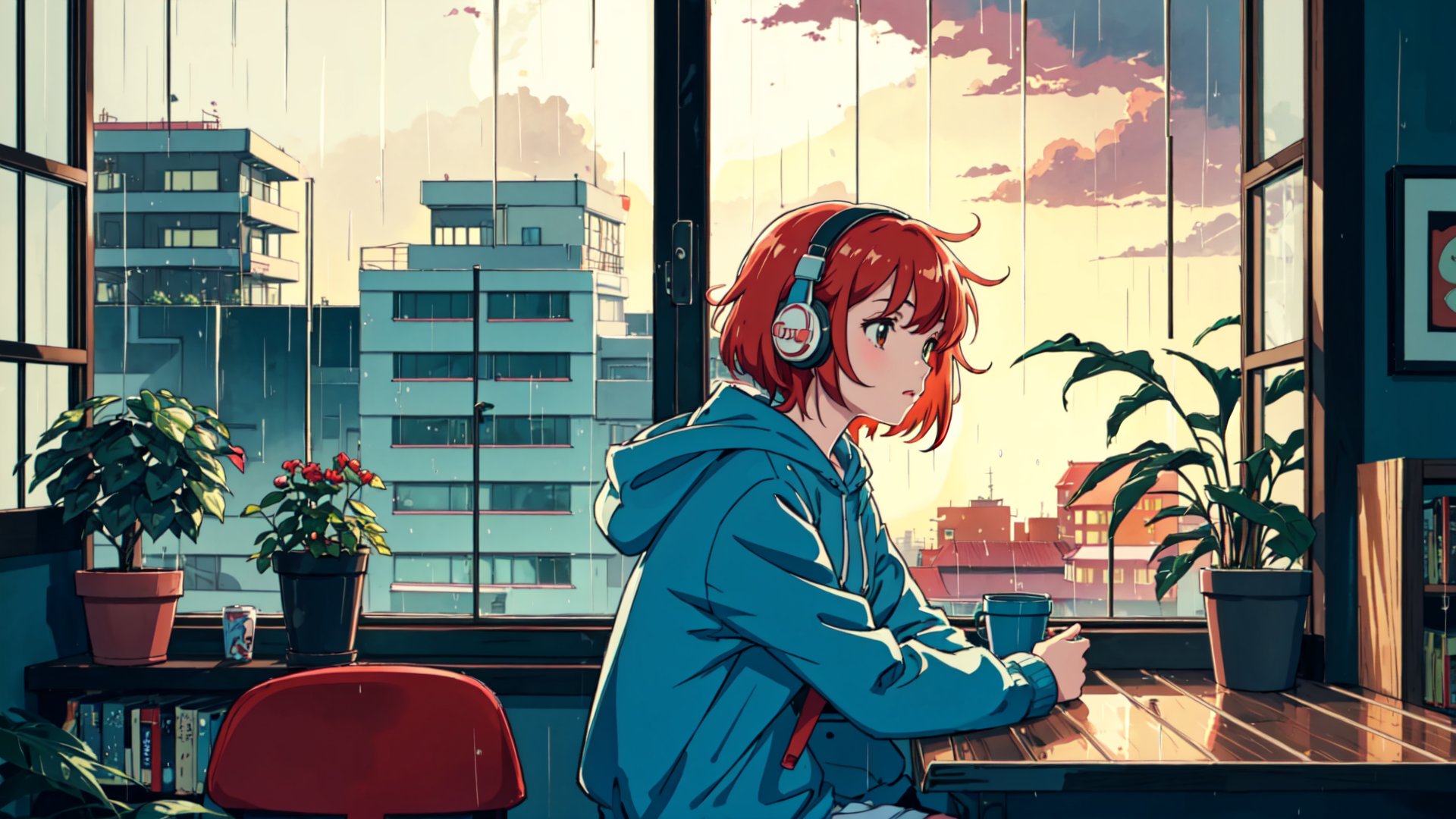 a cute girl, sit with headphone, study room, lofi,bookshelf, bag, red hair,perfecteyes,anime, hood, hoodie, lofi style, long sleeves, moon, plant, potted plant, scenery, shelf, shooting star, short hair, sitting, sky, solo,sunset,  window,rainy season, rain outside window 