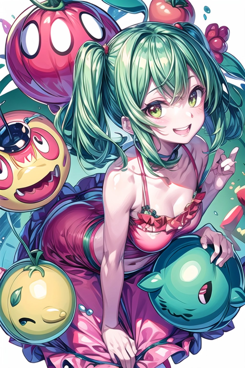 master piece, Cute, tomato, monster, cute character, vivid colour, Energetic, Sparkling eyes, green color, Cheerful smile