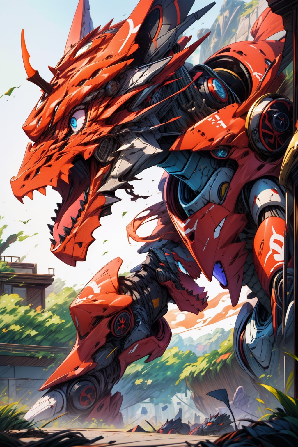  ((masterpiece)), (detailed), giant mecha, dinosaur, run, out from the gate, mecha musume, full body, robot,white orange armor, red dragon, 8K, RAW, best quality, masterpiece, ultra high res, colorful, (medium wide shot), (dynamic perspective), sharp focus ,depth of field, extremely detailed eyes and face, beautiful detailed eyes,(black gold, trimmed gear:1.2), zoo interior, solo, ((best quality)),