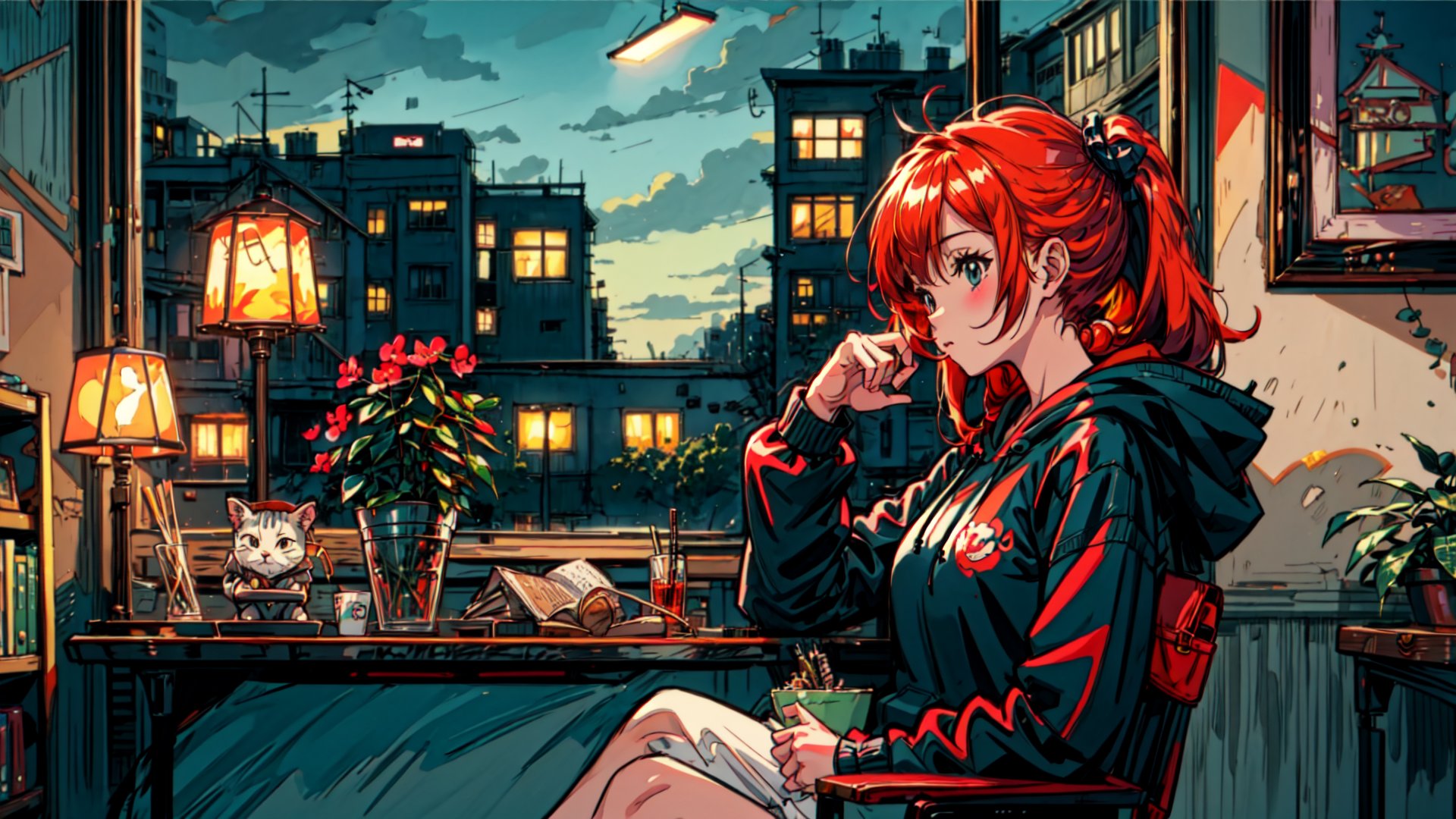 a cute girl, sit with headphone, study room, lofi,bookshelf, bag, red hair, anime, hood, hoodie, lofi style, long sleeves, plant, potted plant, scenery, lamp, shelf, night time, long hair, pony tail,sitting, solo, with cat,  window,