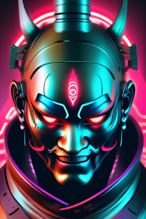 An Android Using an oni mask in his face. Cyberpunk. Dystopic future. Darkness. Epic. Ultra detailed. High contrast. Neon...