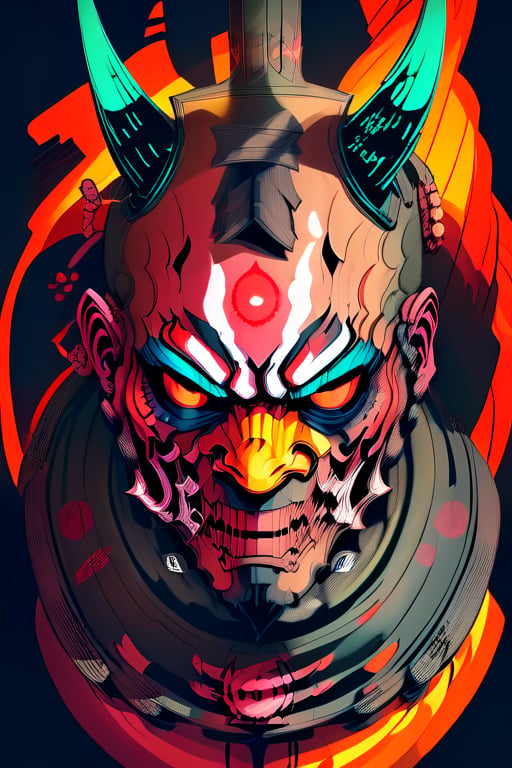 Portrait of a technologic Demon. Oni mask Face Full Power. Apocalipse at the background. Cyberpunk. Dystopic future. Darkn...