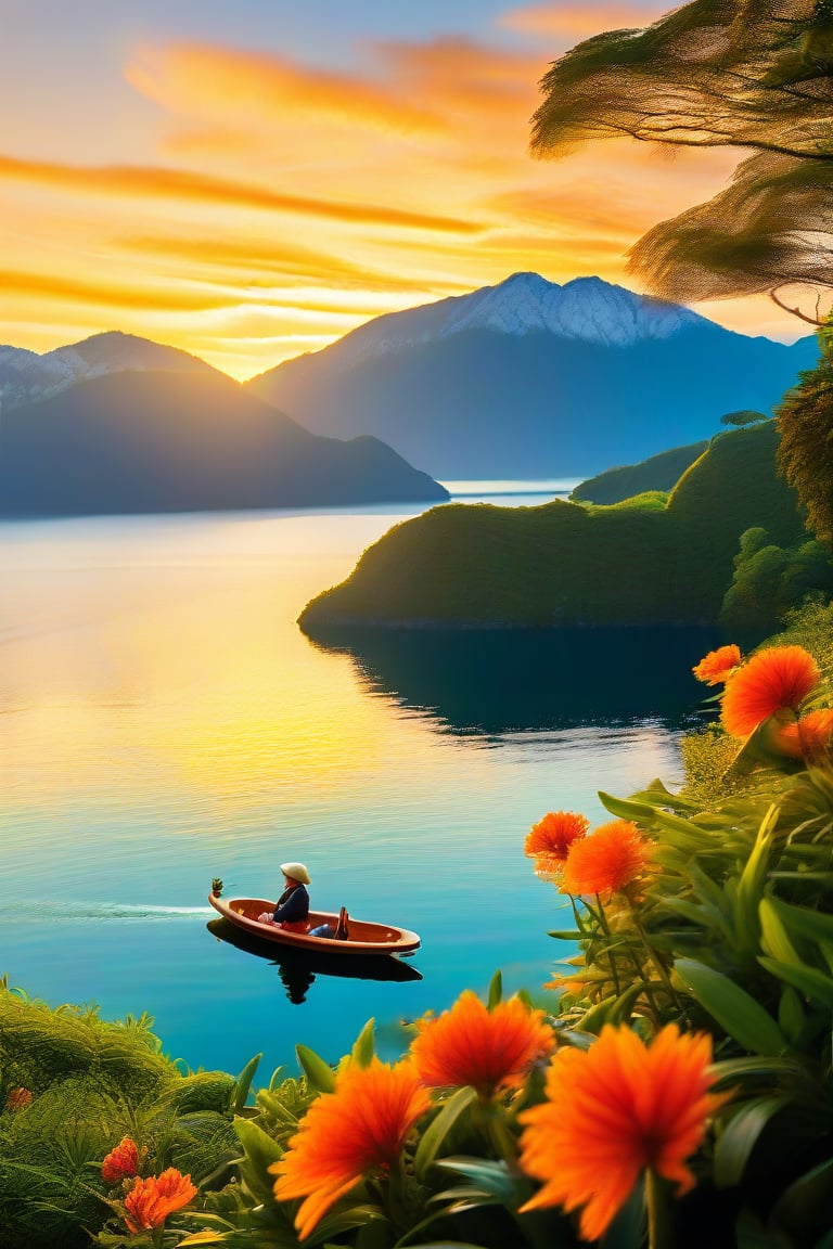 Vibrant Tourism Poster: 'Discover the Wonders of Lake Toba' - A serene misty dawn scene at Lake Toba's tranquil shoreline, with lush green hills and majestic volcanic peaks in the background. The sun casts a warm golden glow on the calm waters as a small wooden boat glides effortlessly across the lake. In the foreground, a smiling local fisherman holds up a catch of the day, surrounded by vibrant tropical flowers.