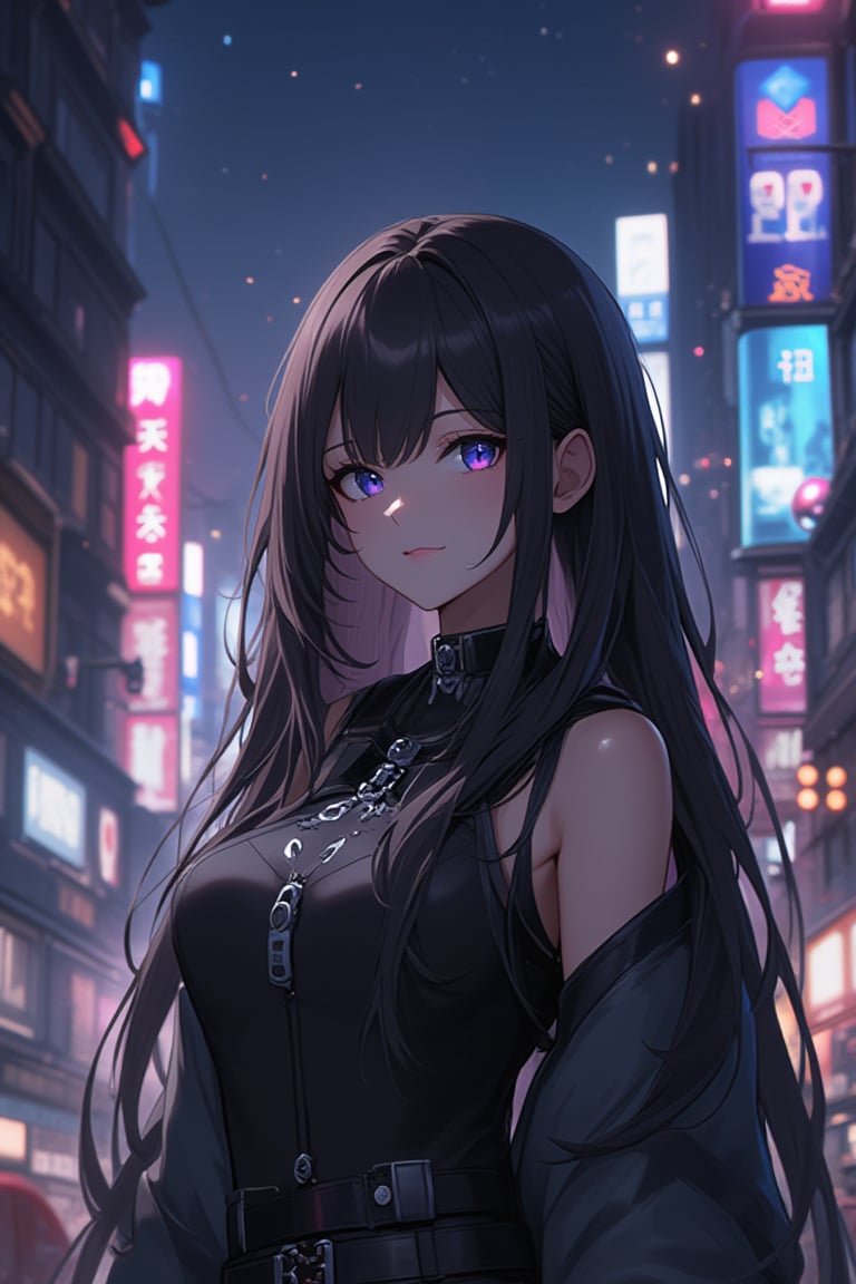 A portrait of a girl with long hair, standing still and directly engaging the viewer's gaze. She possesses a cybernetic, augmented body, seamlessly merging human and android features. The dark urban cityscape behind her is bathed in a vibrant glow of neon lights, casting an otherworldly ambiance on this futuristic scene at night, ATRFX, anime