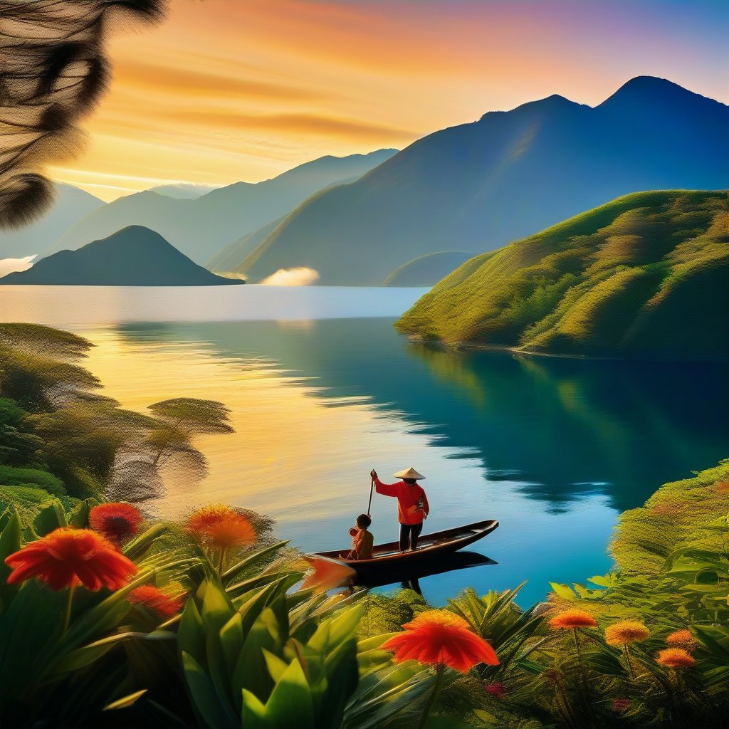 Vibrant Tourism Poster: 'Discover the Wonders of Lake Toba' - A serene misty dawn scene at Lake Toba's tranquil shoreline, with lush green hills and majestic volcanic peaks in the background. The sun casts a warm golden glow on the calm waters as a small wooden boat glides effortlessly across the lake. In the foreground, a smiling local fisherman holds up a catch of the day, surrounded by vibrant tropical flowers.