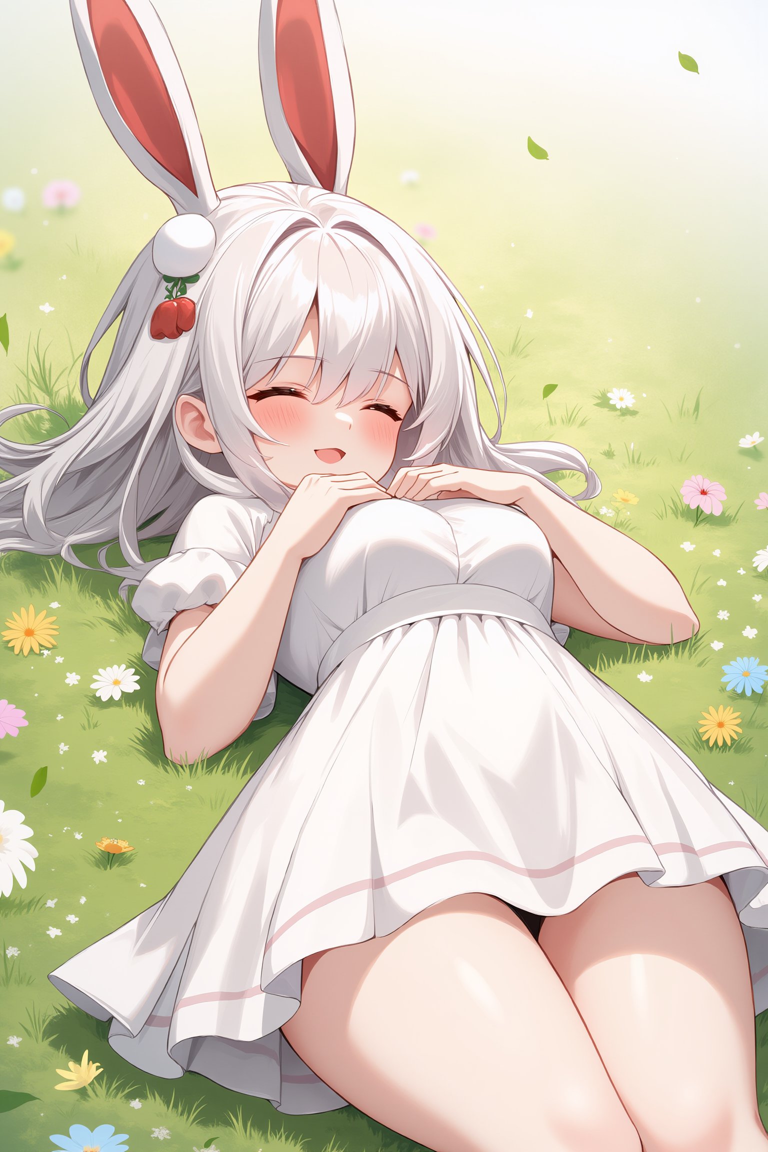 1girl, solo, cute, bunnygirl, rabbit ears, red eyes, white hair, white dress, happy, basking in the sunlight, lying on grass, flower field, ATRFX