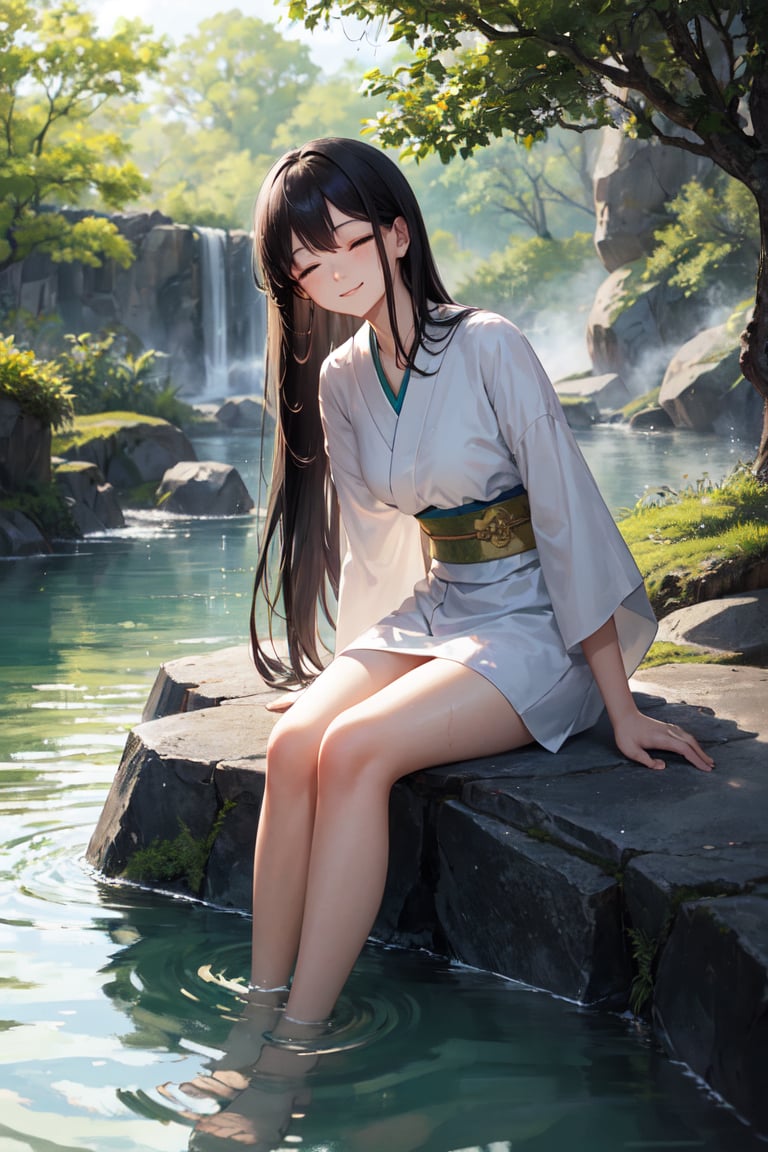 A serene Japanese-style hot spring scene: a young woman with long black hair and a gentle smile sits on a natural rock outcropping at the edge of a milky turquoise pool, surrounded by lush greenery and wispy steam. Soft golden light from above illuminates her relaxed pose, as she soaks in the warmth, closed eyes, and serene expression convey a sense of tranquility.