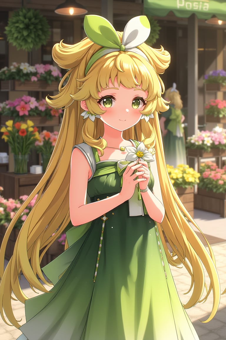 vrnwdf, A young girl with bright blonde hair and a radiant smile stands in front of a bustling flower shop, her long locks cascading down her back like a golden waterfall. She wears a hairbow and a vibrant green dress that matches the hue of the lush foliage surrounding her. In her hand, she cradles a delicate flower, its petals gently unfolding as if to reveal a secret. The warm sunlight casts a soft glow on the scene, illuminating the colorful array of blooms in the shop's display cases and casting a charming ambiance.