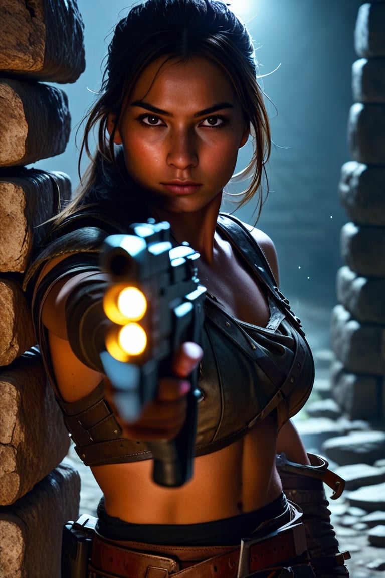 A close-up shot of a fierce girl warrior standing proudly in front of a worn stone wall, her right hand firmly grasping a worn leather-wrapped revolver. The lighting is dimly lit with only a sliver of moonlight peeking through the cracks, casting an air of mystery and danger. Her determined gaze and strong posture exude confidence and readiness to take on any challenge, ek_game_3ffect, ek_ges1ba, ek_ge1frt