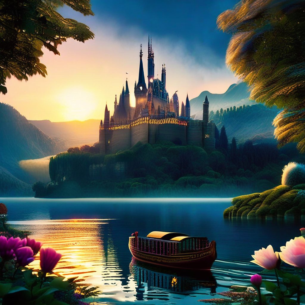 A majestic Hogwarts castle rises above a serene lake, its towers and turrets bathed in warm, golden light as the sun sets behind the misty mountains. The air is filled with the sweet scent of blooming flowers and the soft glow of luminescent orbs dancing across the water's surface. In the foreground, a beautiful wooden boat glides effortlessly across the lake, its intricate carvings reflecting the magical masterpiece that lies before it.