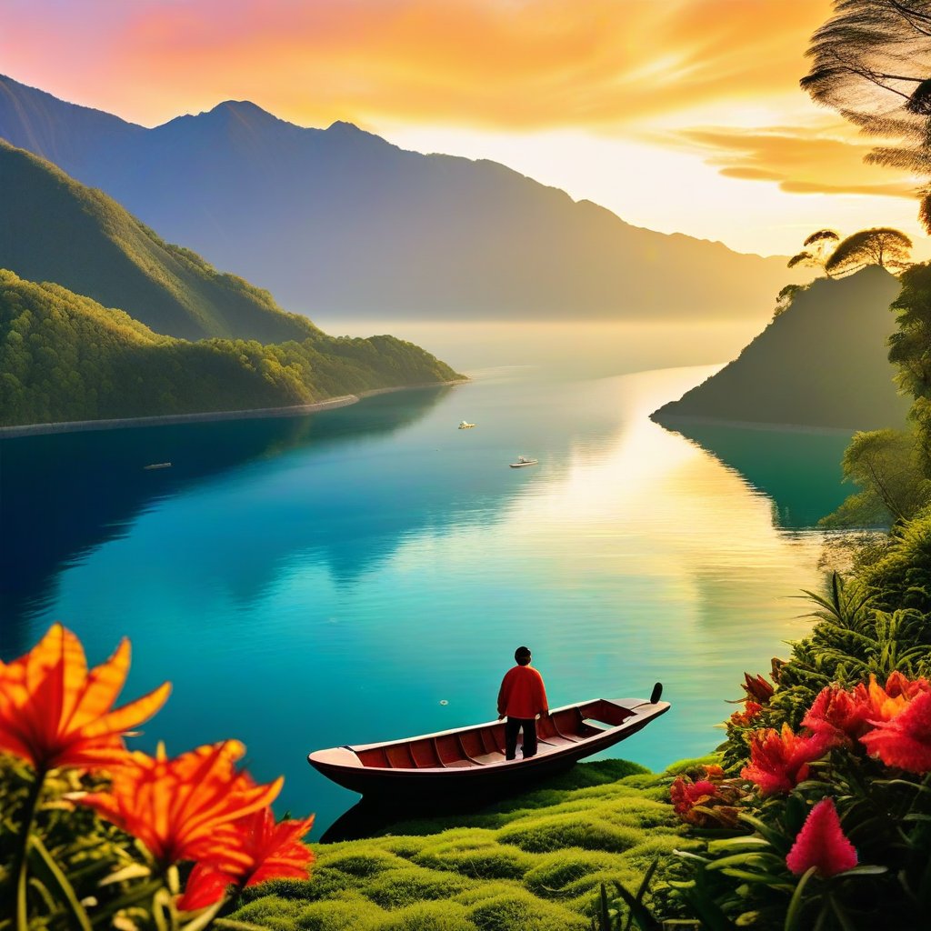 Vibrant Tourism Poster: 'Discover the Wonders of Lake Toba' - A serene misty dawn scene at Lake Toba's tranquil shoreline, with lush green hills and majestic volcanic peaks in the background. The sun casts a warm golden glow on the calm waters as a small wooden boat glides effortlessly across the lake. In the foreground, a smiling local fisherman holds up a catch of the day, surrounded by vibrant tropical flowers.