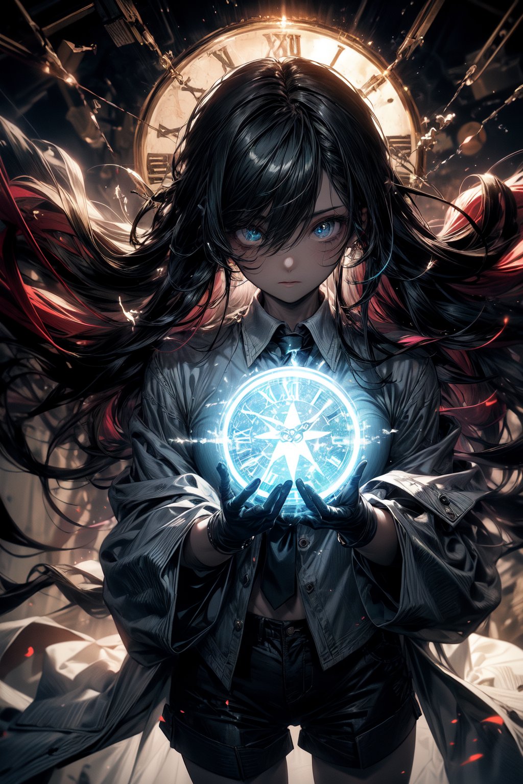 masterpiece,best quality,highly detailed,absurdres,8k,pixiv,abstract illustration,1girl,busty,black hair,very long hair,bangs,hazel eyes,white shirt,black trench coat,red tie,matching shorts,abstract background,rays,embers,volumetric light,through the clouds,imaginary,domain,clock,shatter effect,ethereal,midjourney