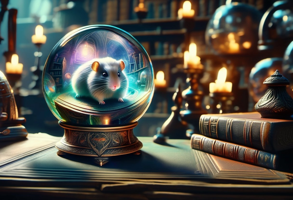 hyper detailed masterpiece, dynamic realistic awesome quality, magical crystal ball , showing a hamster, wizards workshop, candles, books, gloomy, eerie, DonMCry5741b411XL 