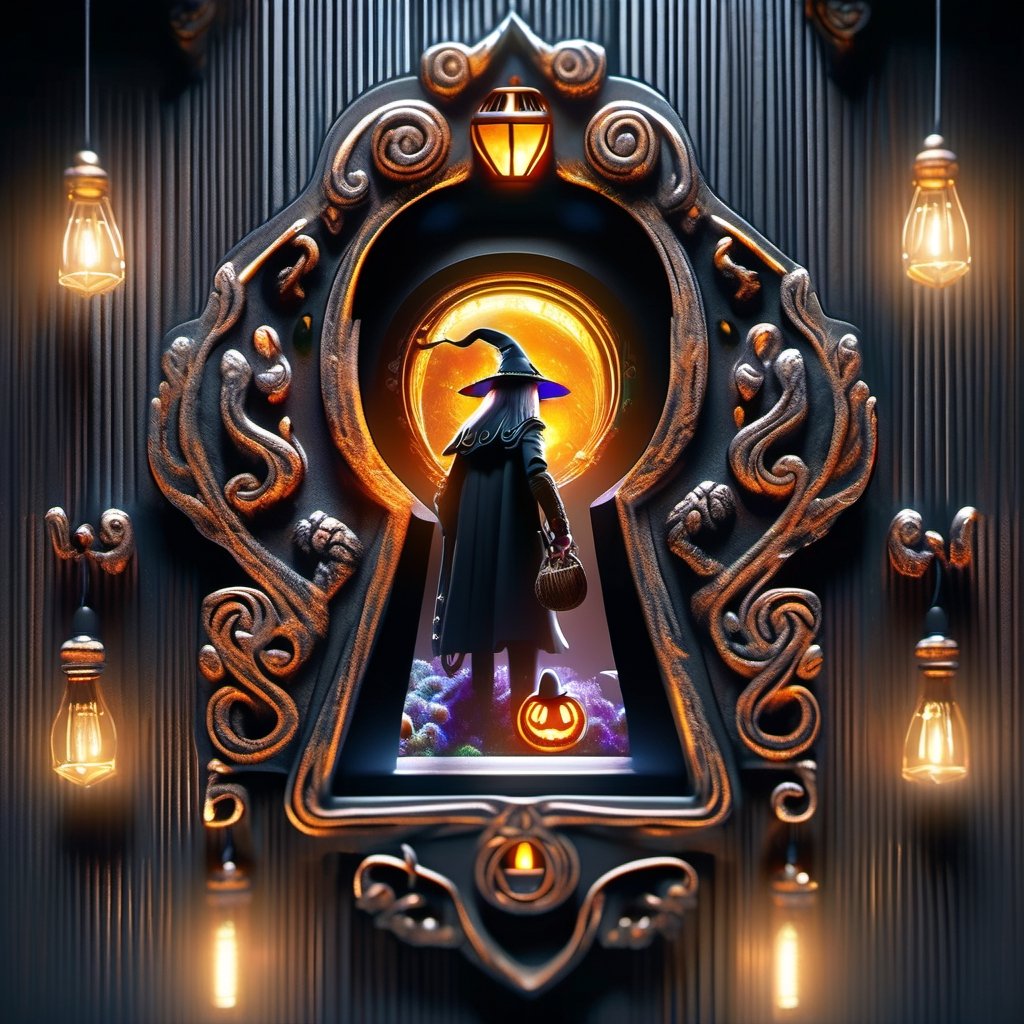 hyper detailed semi realistic 2.5D digital art masterpiece, dynamic, awesome quality,pirate, spooky, witch's fingers cookies, witch's hat lights, witch's broom,, DonMK3yH0l3XL keyhole 