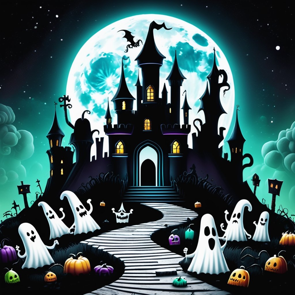 detailed,  Cryptic Day of the Dead Gothic Vampire Abandoned Factory Ghost-shaped Marshmallows Witch Hats Maleficent Smirk Moonlit Castle Grave Digger's Shovel Ghost Tours, 