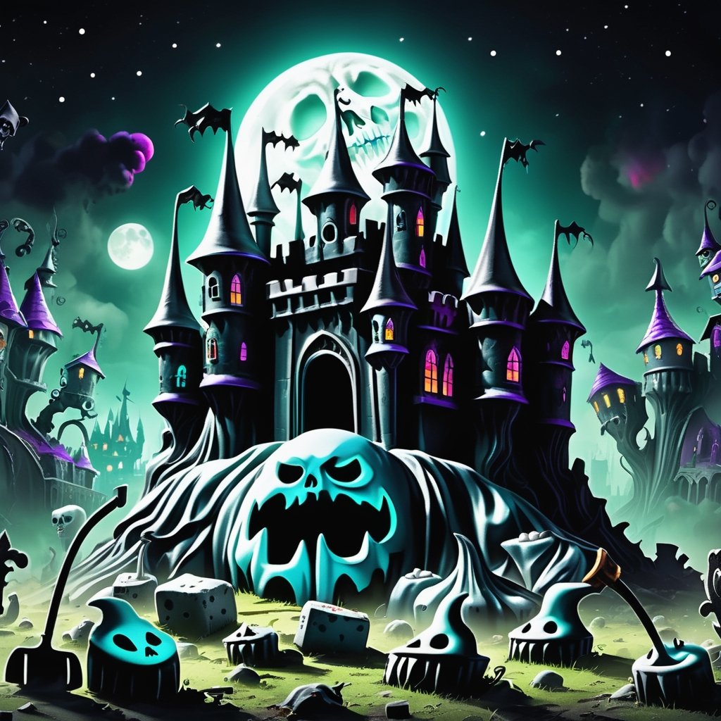 detailed,  Cryptic Day of the Dead Gothic Vampire Abandoned Factory Ghost-shaped Marshmallows Witch Hats Maleficent Smirk Moonlit Castle Grave Digger's Shovel Ghost Tours, 