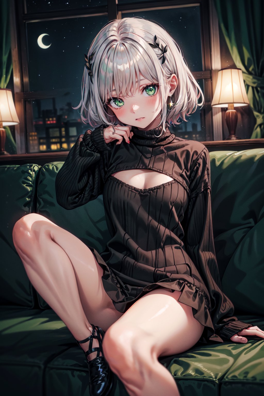 1girl, solo, medium hair, Silver Hair, Flushed, Cute Pose, Green Eyes, Moon in The Sky, Stars In the Sky, Park In The Background, Night Time, perfecteyes, Sharp Focus, perfect Hands, open chest sweater, 4k, perfect legs